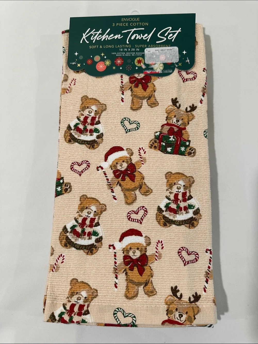 NWT teddy bear santa candy Christmas Holiday towels kitchen bathroom festive